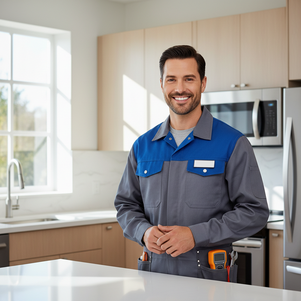 Smiling appliance repair technician in a modern kitchen